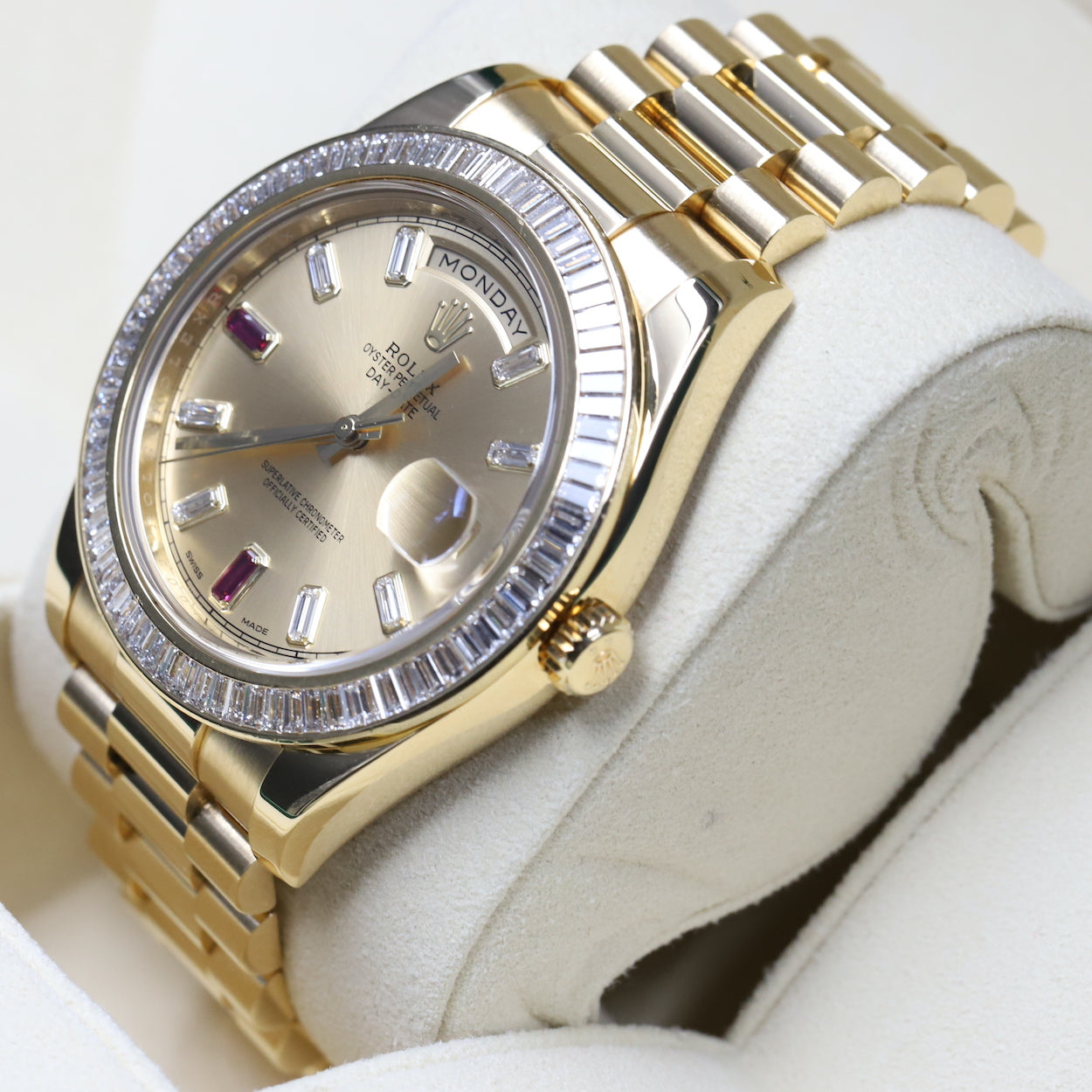 Rolex218398BR Day-Date II Ruby Dial Diamond Bezel – Newport Watch Club