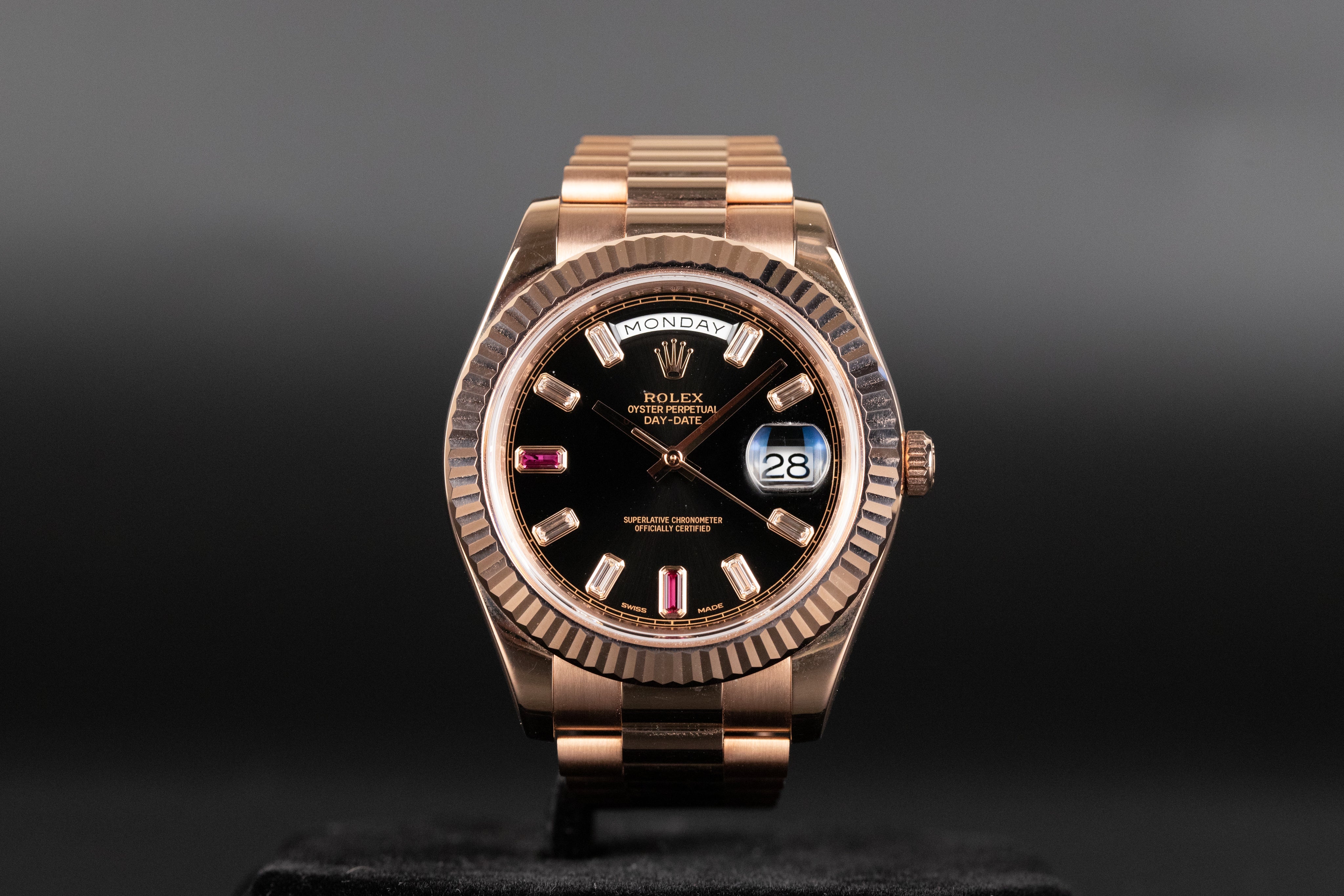 Rolex218235 DayDate II Ruby Dial Newport Watch Club